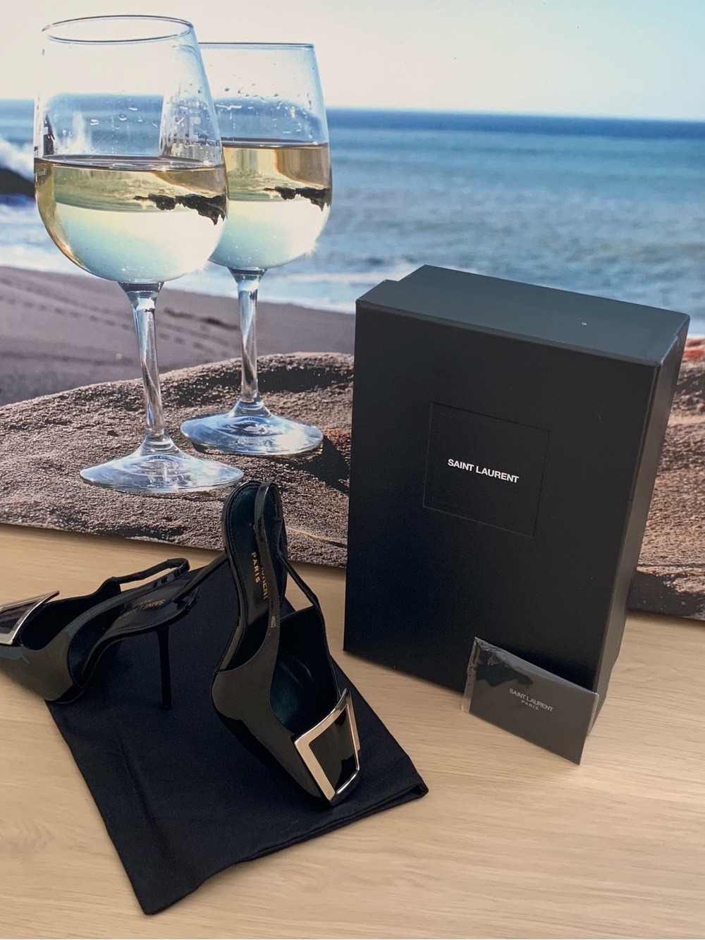 Saint Laurent Black Patent Slingback Heels with Silver Accent - Picture 5 of 8